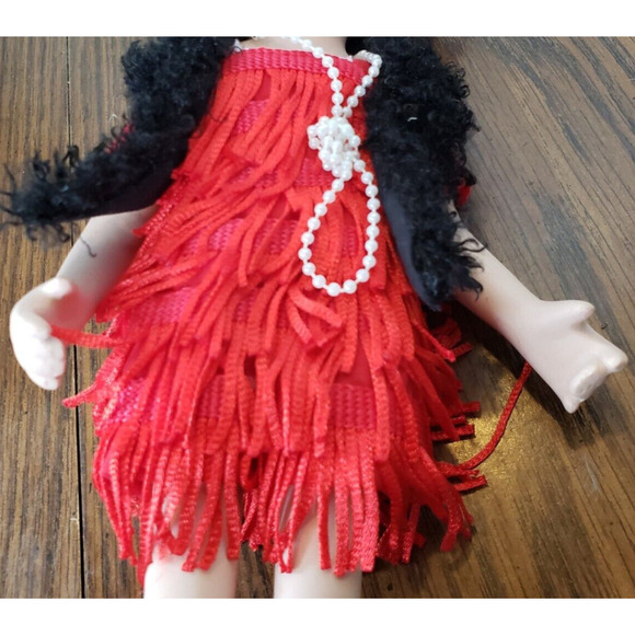 Dark Haired Girl in Red Flapper Dress and Pearls 12 Inch Porcelain Doll - Picture 6 of 7